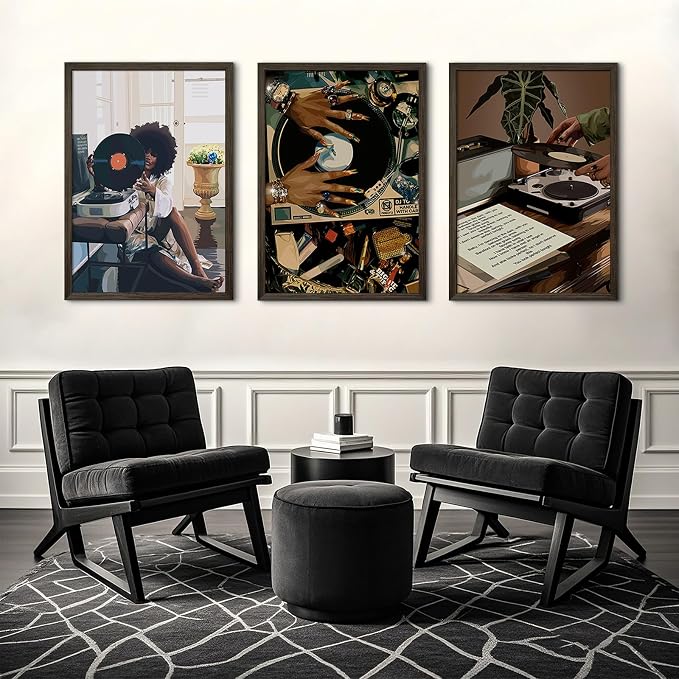 Black Woman Wall Art African American Women Canvas Wall Decor Black Girl Poster Fashion Female People Wall Art Feminine Abstract Pictures Boho Prints for Bedroom Bathroom 12x16 Inch Framed Set of 3