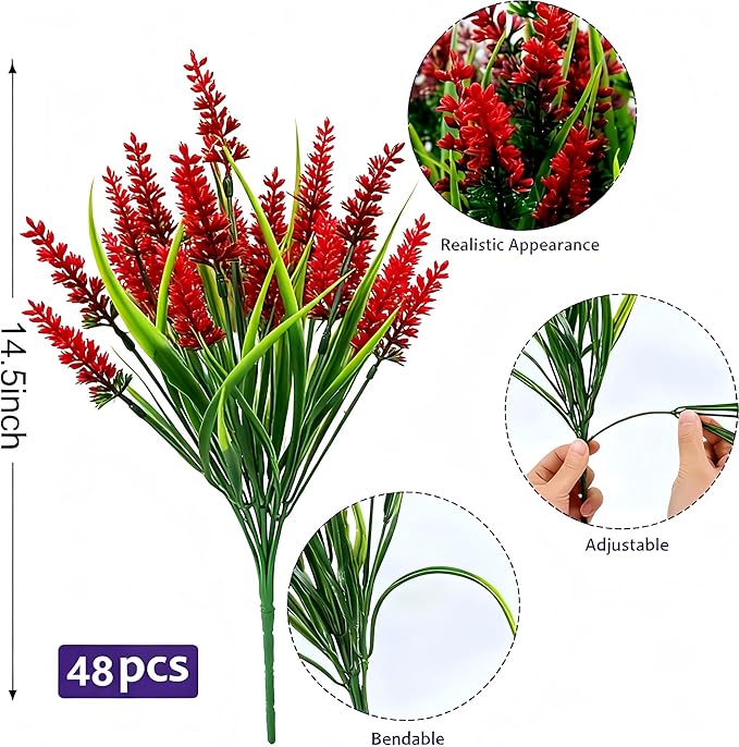 Geegoods Artificial Plants Flowers Outdoor – 48 Bundles UV Resistant Faux Lavender Flowers with Monkey Grass for Garden Porch Window Patio Hanging Planter Decor