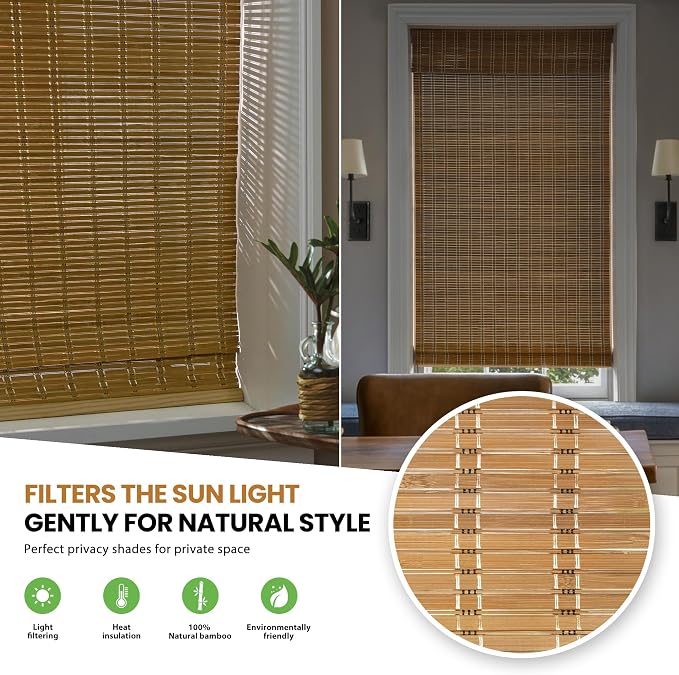 LazBlinds No Drill Bamboo Roman Shades, 32x64, Brown | Light Filtering Window Treatment, No Tools Cordless Roll Up Bamboo Blinds for Window