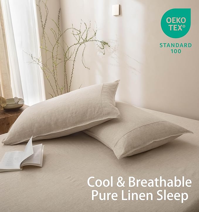 Talasily 100% French Linen Pillow Case Queen Size Set of 2,Oeko-TEX Certified Stone Washed Flax Pillow Shams with Envelope Closure - Breathable & Cooling for Hot Sleepers（Natural Linen,20''x30''）