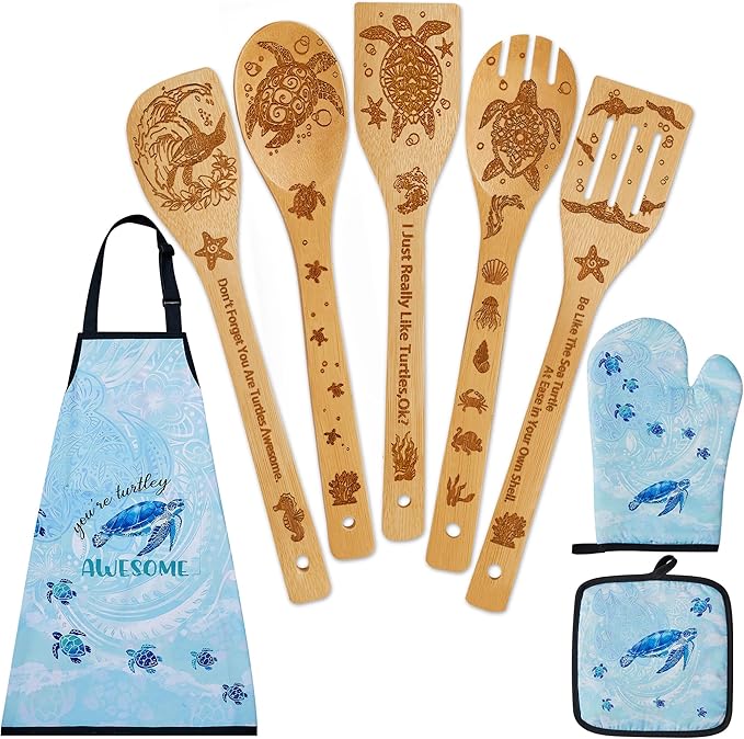 Sea Turtle Gifts for Women,8PCS Coastal Bamboo Cooking Utensil Spoon with Apron Oven Mitt Potholder for Kitchen Decor,Ocean Themed Stuff for Turtle Lovers,Mom,Easter,Housewarming,Birthday Gifts