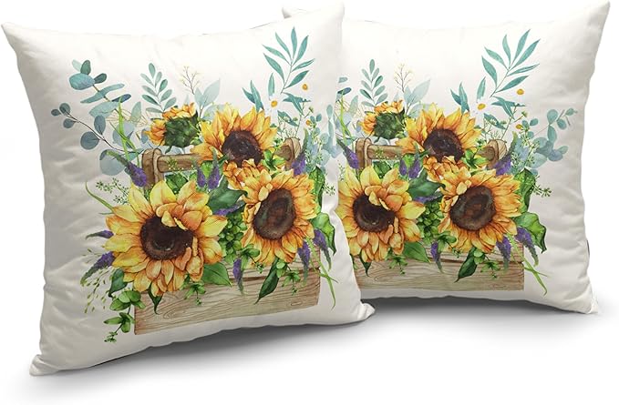 Watercolor Sunflower Throw Pillow Covers Set of 2 Vintage Floral Spring Pillow Case 16x16 Yellow Flowers Two Sided Print Square Cushion Case for Living Room Outdoor Car