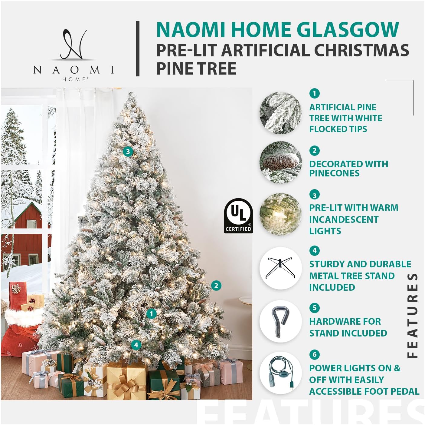 Glasgow 7.5ft Frosted Prelit Artificial Christmas Tree with Pine Cones, Foot Pedal, 1556 Branch Tips, 750 Warm Lights & Metal Stand, 61" Wide Realistic Pine Snow Flocked Christmas Tree with Lights