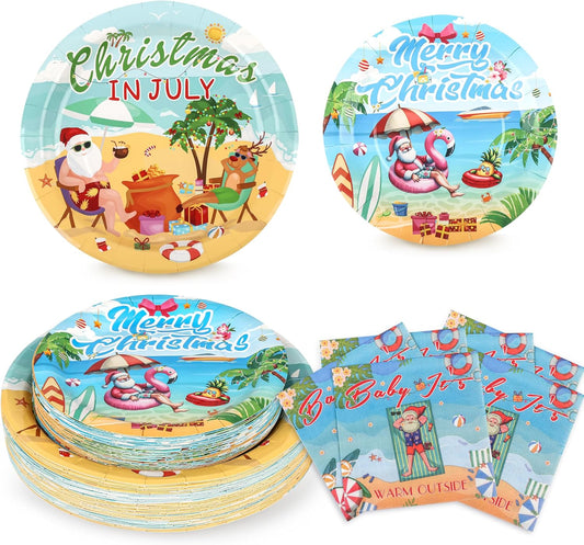 150Pcs Christmas in July Party Decorations Plates Napkins Summer Tropical Hawaiian Christmas Santa Beach Paper Plates for Christmas in July Beach Pool Party Supplies,Serves 50