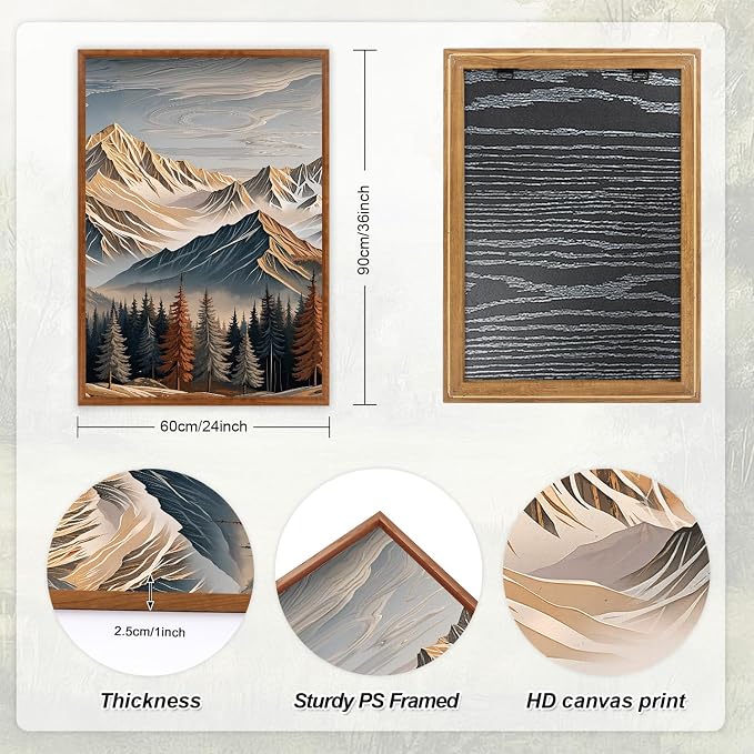 LHIUEM Vintage Landscape Wall Art,Large Wood Wall Art,Carved Wood Wall Decor,Earthy Landscape Canvas Art Prints,Big Snow Mountain Sunrise piciures,Birch Tree Painting for Home Office -24"x36"x3