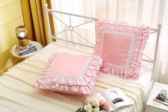 2-Pack Luxury Lace Pink Euro Shams Throw Pillow Covers Cushion Cases with Ruffles Cotton 26"X26" Zipper Closure Elegant