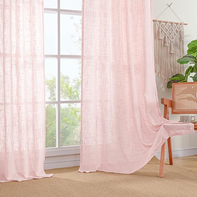 LAMIT Pink Linen Curtains 45 Inch Length 2 Panels, Light Filtering Panels Back Tab and Rod Pocket Country Decor Drapes for Kitchen/Window/Loft Room/Bedroom, 34 x 45 Inch