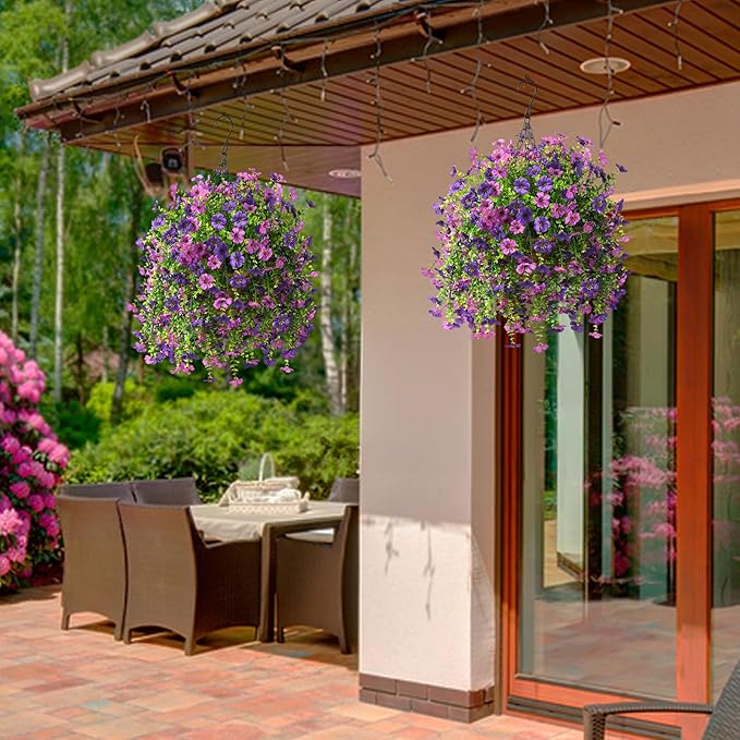 ZFProcess Artificial Hanging Flowers for Outdoors Spring Decoration, 2PCS Silk Fake Daisy Realistic Outdoor Flowers UV Resistant Porch Patio Window Yard Decor(Dark Orchid)