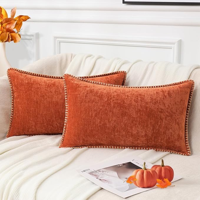decorUhome Chenille Soft Cozy Throw Pillow Covers 12x20 Set of 2, Modern Farmhouse Boho Velvet Decorative Pillow Cases with Stitched Edge for Couch Sofa Bed Home Decor, Rust