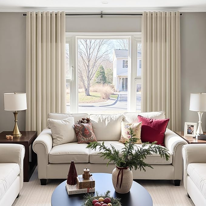 Eggshell Beige Linen Curtains 102 Inches Long for Living Room Extra Long Sheer Floor to Ceiling Light Filtering Privacy Grommet Top Drapes Modern Farmhouse Rustic Curtain for Bedroom 52x102, 2 Panel