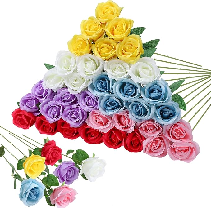 36 Pcs Mixed 6 Color Artificial Roses with Long Stems, Fake Silk Rose Artificial Flowers Bulk for Bridal Wedding Bouquet Centerpiece Ball Arrangement Party Decor