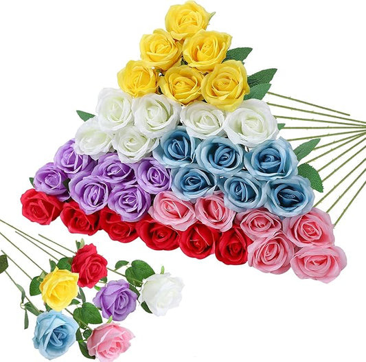 36 Pcs Mixed 6 Color Artificial Roses with Long Stems, Fake Silk Rose Artificial Flowers Bulk for Bridal Wedding Bouquet Centerpiece Ball Arrangement Party Decor