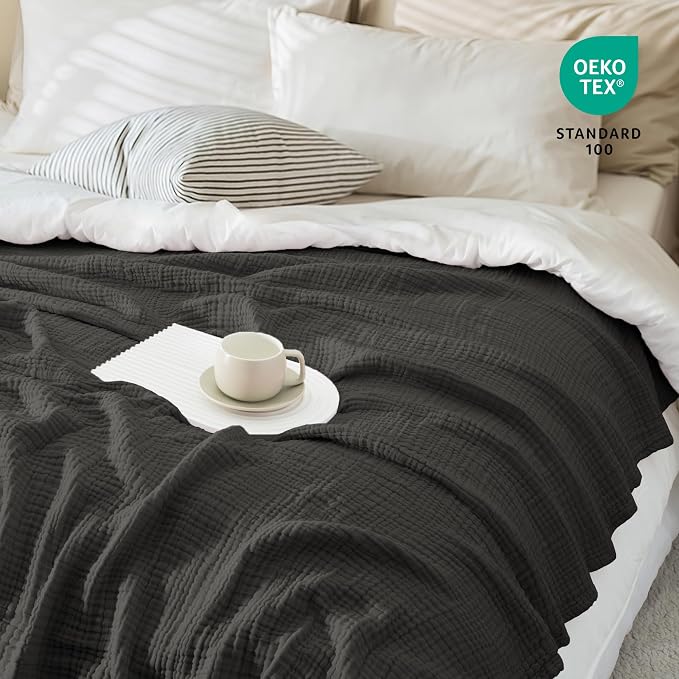 Carriediosa 100% Cotton Muslin Throw Blanket 108" X 90" King Size，4-Layers Summer Gauze Throws for Bed Couch，Soft Lightweight Breathable Linen Blankets Bedspread for Adults All Season，Dark Gery