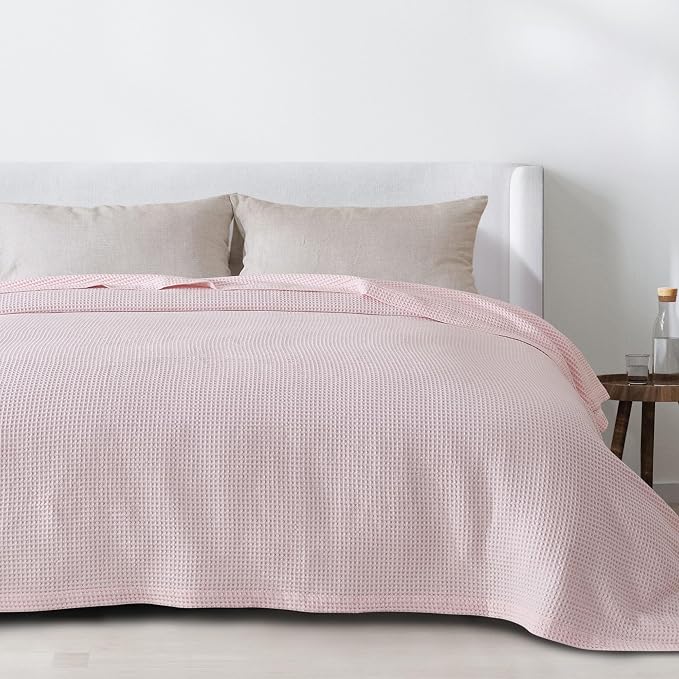 100% Cotton Pink Blanket Full/Queen Size for Bed - Breathable and Soft, Waffle Weave for Summer Spring, 90x90 Inches (Blush)