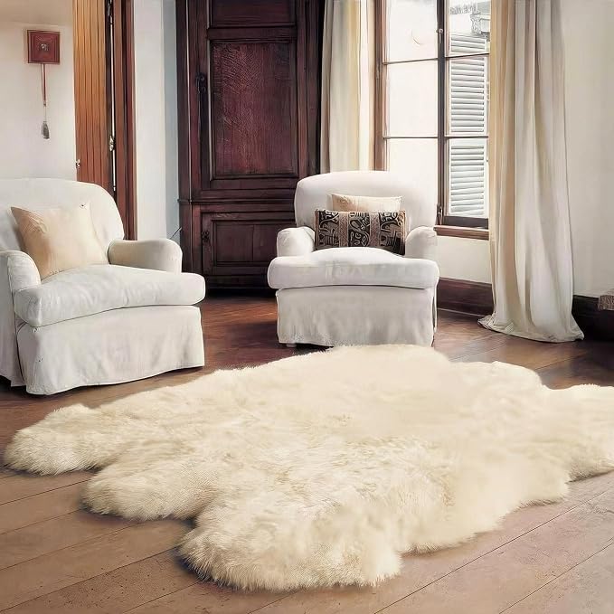 Super Area Rugs Premium Genuine Sheepskin Rug 5' x 6' Long Fur Soft & Natural Shaggy Living Room Rug, Champagne Cream, Six Pelt