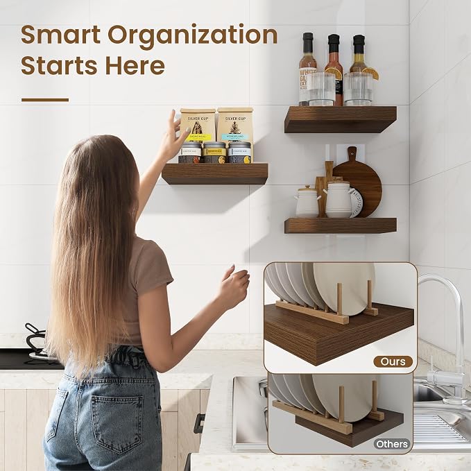 Marsmiles Square Floating Shelves for Wall, 12" W x 12" D x 1.5" H, 3 Pack Small Wall Mounted Engineered Wood Shelves with Invisible Brackets for Living Room, Bedroom, Bathroom, Kitchen Decor, Walnut