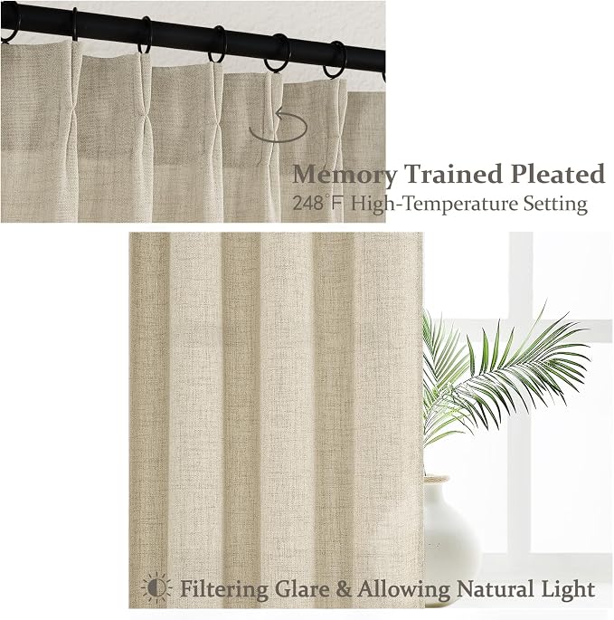 Warm Beige Light Filtering Extra Short Kitchen Window Curtains 45 Inch Length 2 Panel Set, Memory Trained Pinch Pleated Privacy Semi Sheer Mini Cafe Curtain Thick Natural Linen Decorative Small Drapes