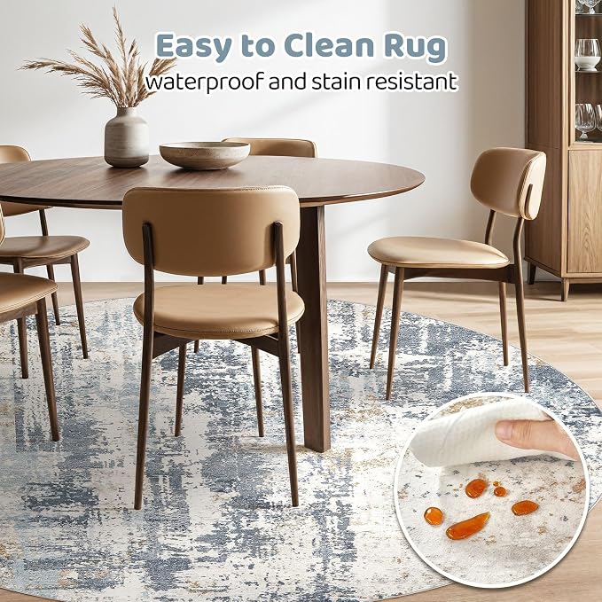 7ft Round Rug Living Room Rugs: 7x7 Washable Circle Large Abstract Modern Soft Stain Resistant Non Slip Indoor Floor Carpet for Bedroom Nursery Office Dining Room Dorm Home House- Light Blue
