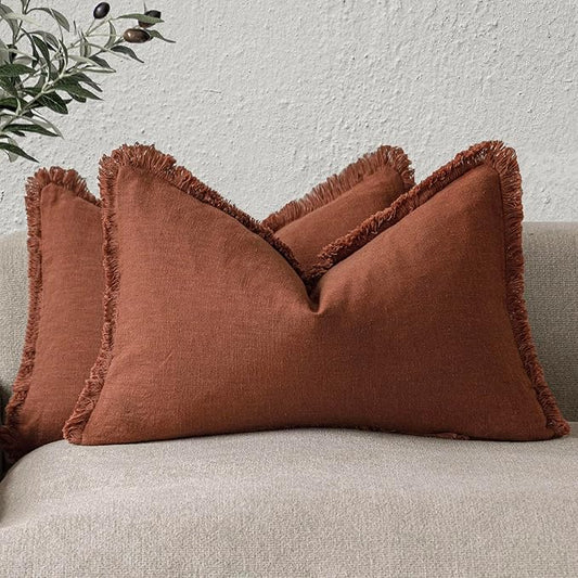Foindtower Set of 2 Decorative Linen Fringe Throw Pillow Covers Farmhouse Cushion Cover with Tassels Lumbar Accent Pillowcase for Couch Bed Living Room Home Bedroom Decor, 12×24 Inch, Fall Rust Orange