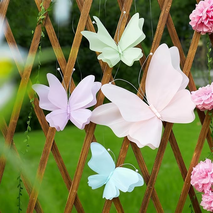 SUNBEAUTY Butterfly Party Decorations, 3D Butterflies, Water Proof Wedding Decor, Hanging Butterflies for Baby Shower Birthday Decor Party Girls, Women, PET Plastic Butterfly for Wall Decor, Set of 4