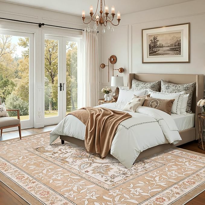 GarveeHome Provence 9x12 Area Rug for Living Room, Botanical Grove Pink Brown Scroll Cottagecore Washable Rug for Bedroom Dining Nursery Low-Pile Vintage Large Carpet