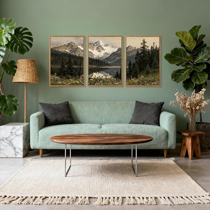 TOARTi Large Framed Snowy Mountain Forest Canvas Wall Art Set,Woodland Forest Lake Landscape Wall Decor,Modern Natural Green Wildflower Art Prints for Farmhouse Living Room Bedroom Office-24”x35”x3