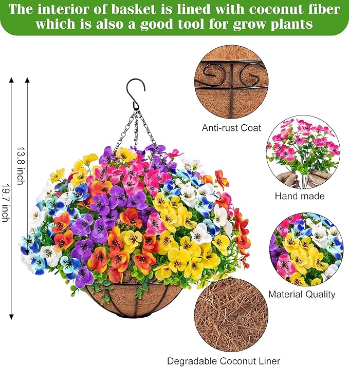 Artificial Hanging Flowers with Baskets for Outdoors, Fake Silk Pansy Flowers UV Resistant Faux Hanging Plants for Front Porch Patio Yard Home Spring Summer Decoration, Multicolor