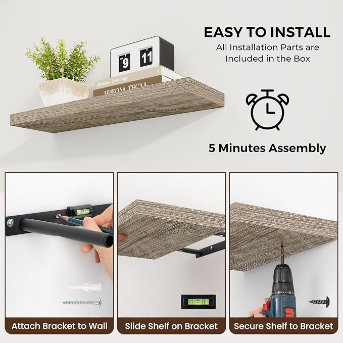 Dreamland 20Inch Floating Shelves for Wall 6.7" Deep Grey Set of 2 | Wall shelves for bathroom, bedroom, Living Room, kitchen, deep wall mount wood storage display for home decor 20" x 6.7"