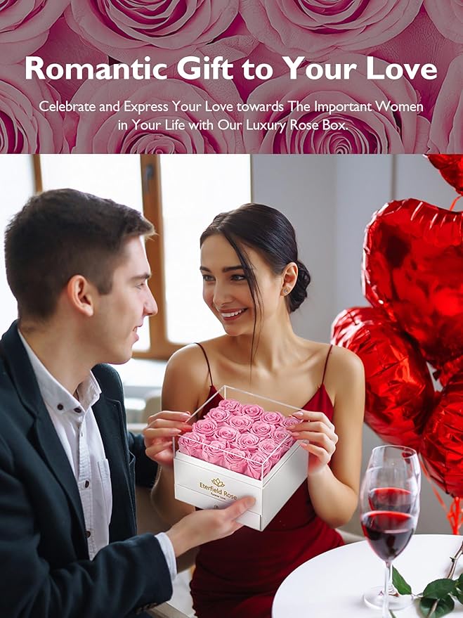 Eterfield Forever Flowers Preserved Roses Real Roses That Last Over a Year Rose Box Gifts for Her Mothers Day Valentines Day Christmas (Square White Box with Drawer, 16 Pink Roses)