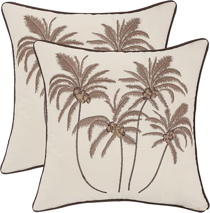 Coconut Tree Pillow Covers 18x18 inch Set of 2 Embroidery Throw Pillow Covers Farmhouse Pillow Cushion Case Spring Summer Decorative Farm Pillowcases Square Rustic Pillow Case, Brown