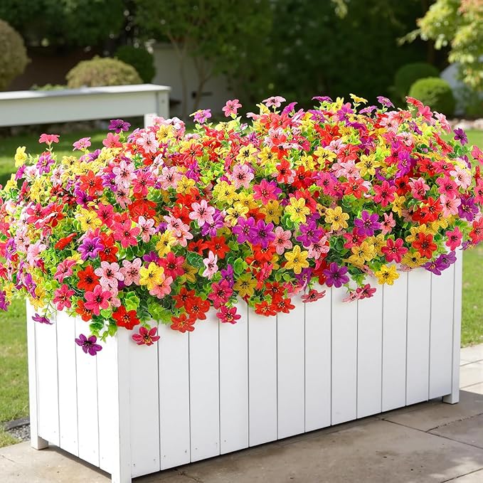 SHareconn 24 Bundles Artificial Flowers for Outdoors Spring Decoration, Fake Silk Realistic Faux Plants UV Resistant for Outside Planter Porch Patio Indoor Decor, RedRosePurpleYellowPink