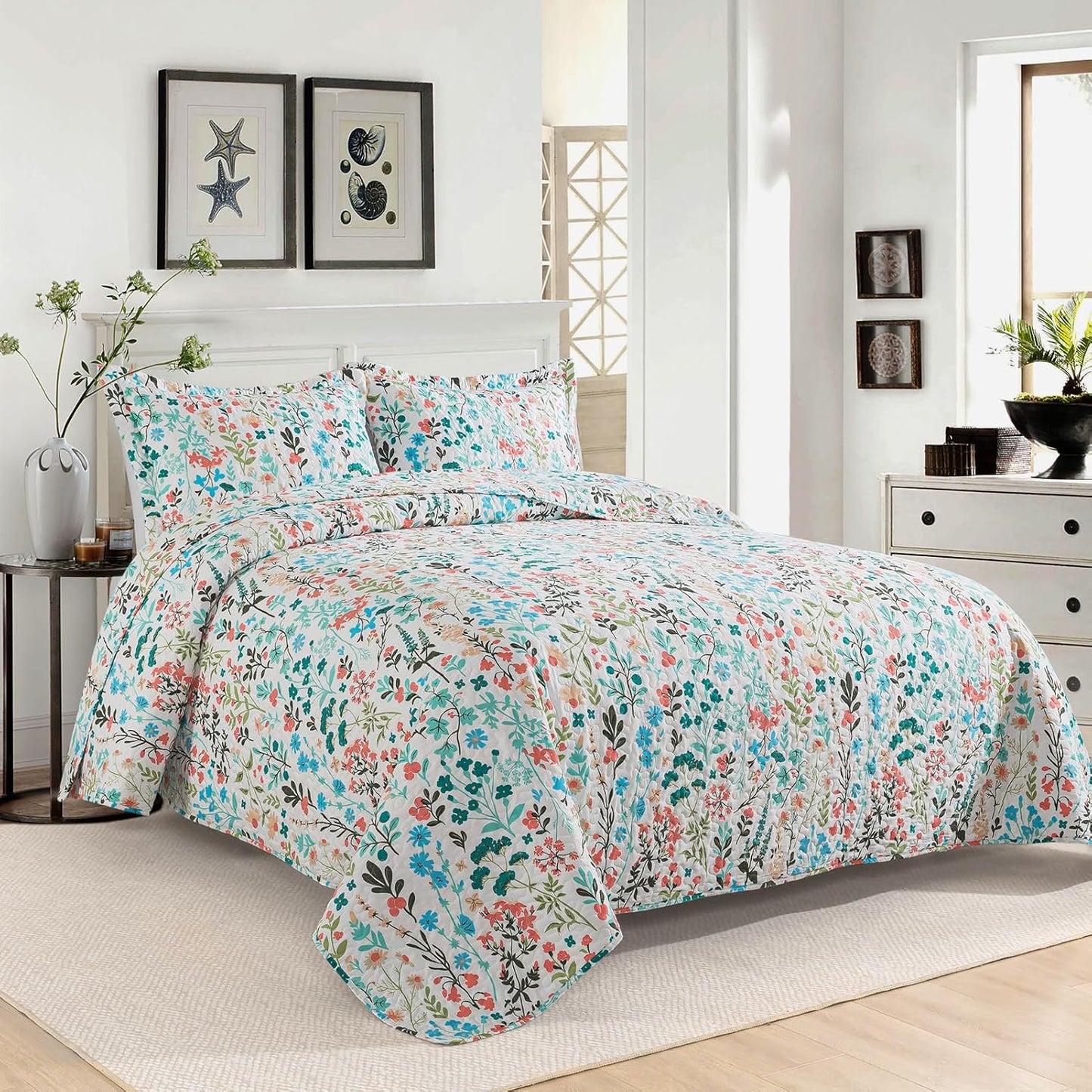 VAPUTAR Queen Quilt Bedding Set-3 Pieces Botanical Quilt Queen Size (90 x 98 inch), Reversible Queen Coverlet with Garden Style Floral Pattern, Bedspread Queen Size Suitalble for All Season.