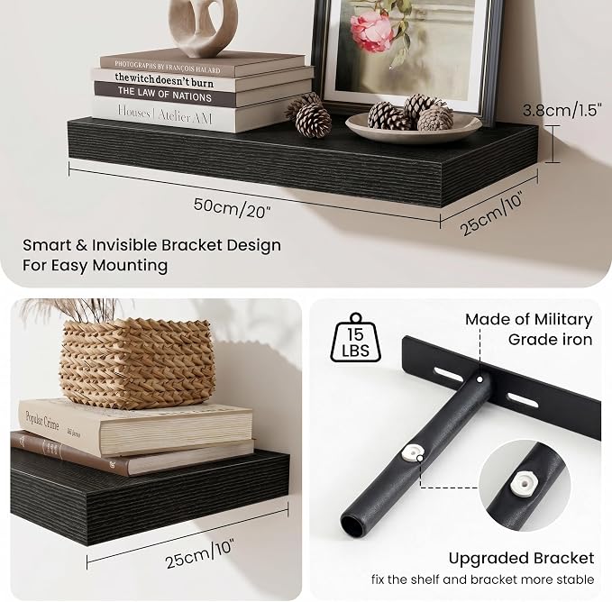 Fun Memories Wood Floating Shelves 20 Inch, 10 Inch Deep Shelves Wall Mount, Wall Shelves with Invisible Bracket, 20" Floating Shelves for Living Room Bathroom Bedroom, Black, Set of 2