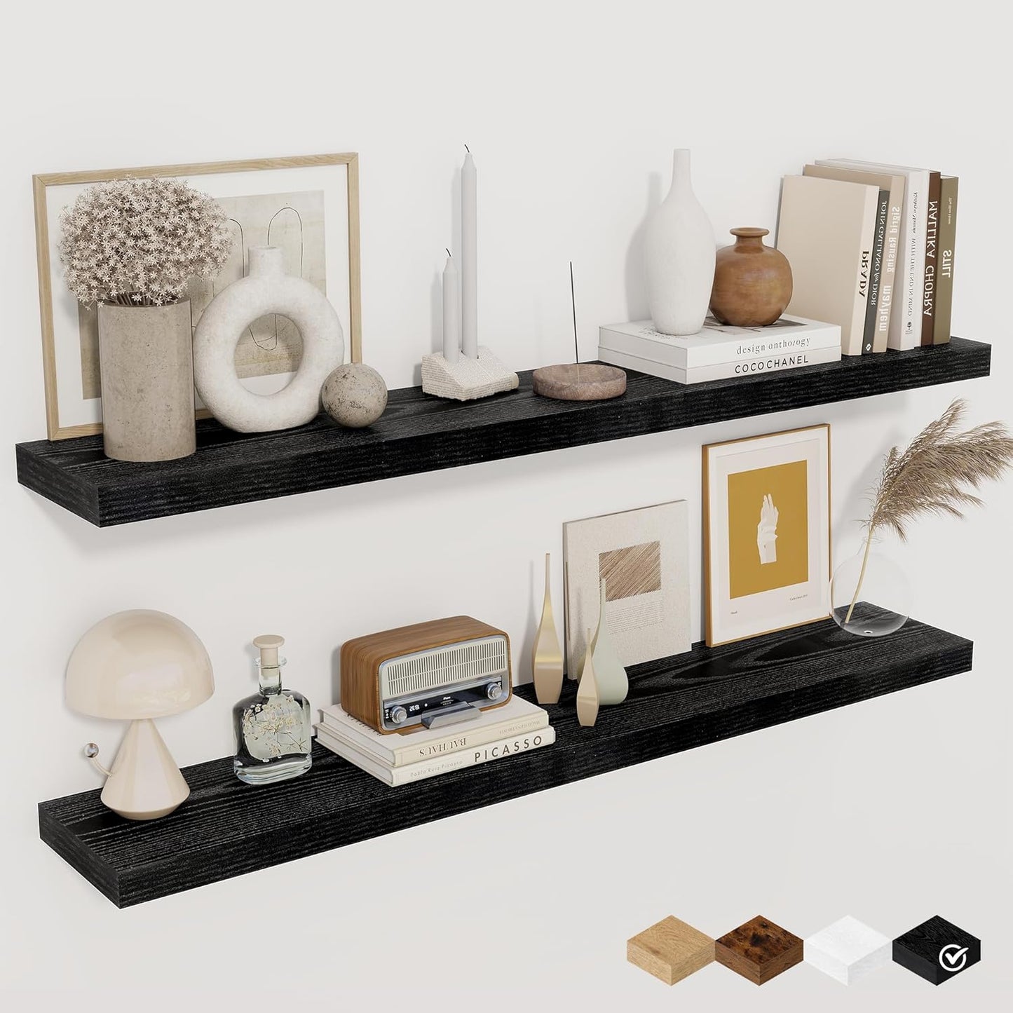 Floating Shelves for Wall, 40 Inch Floating Shelves for Home Decor, Wall Mounted Rustic Wood Shelves, Bathroom, Hanging Deep Shelf for Bedroom, Living Room, Kitchen (Black, Set of 2)