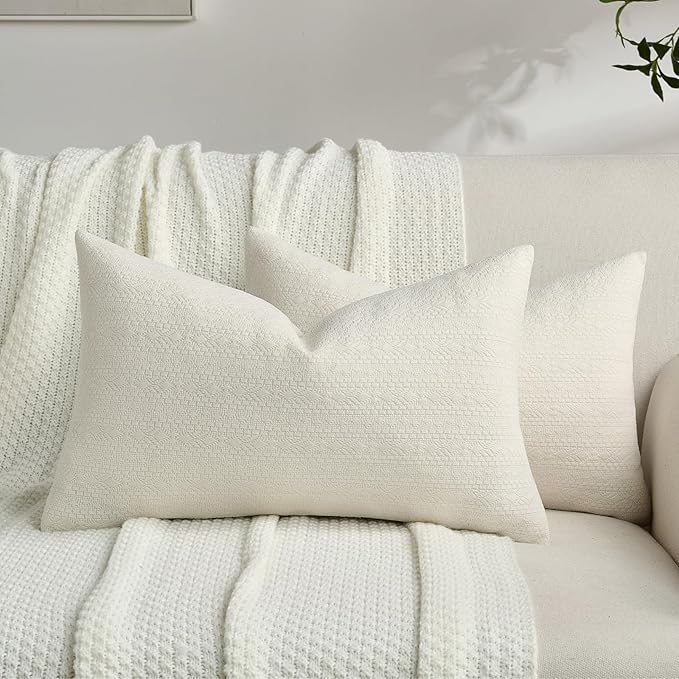 FUTEI Cream Chenille Throw Pillow Covers 12x20 Inch Set of 2,Soft Striped & Diamond Textured Lumbar Pillow Cases,Modern Home Decor for Couch Living Room