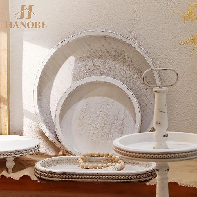 Hanobe Large Round Decorative Tray: 45cm White Coffee Table Beaded Tray Circle Rustic Big Wood Trays Decor Farmhouse Ottoman Vintage Centerpiece Serving Home for Counter