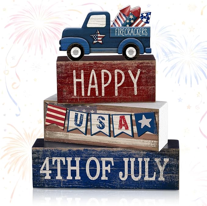 CroBlissful 4 Pcs 4th of July Decorations Patriotic Memorial Day Tabletop Decorations Red White Blue Table Centerpieces Sign for Office Tiered Tray Home Shelf 250th Anniversary(Happy Usa)