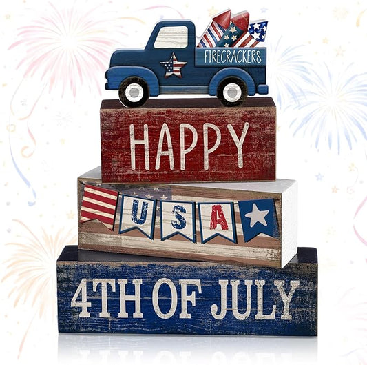 CroBlissful 4 Pcs 4th of July Decorations Patriotic Memorial Day Tabletop Decorations Red White Blue Table Centerpieces Sign for Office Tiered Tray Home Shelf 250th Anniversary(Happy Usa)