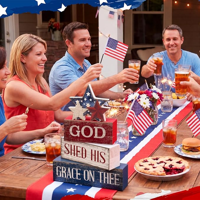 CroBlissful 4 Pcs 4th of July Decorations Patriotic Memorial Day Tabletop Decorations Red White Blue Table Centerpieces Sign for Office Tiered Tray Home Shelf 250th Anniversary(God)