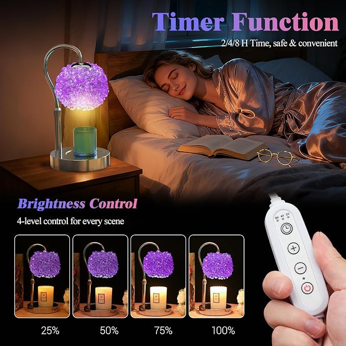 Luxury Candle Warmer Lamp with Timer & Dimmable Brightness, Crystal Gemstone Shade & Premium Base - Adjustable Wax Melt Warmer for Home Decor (Purple)