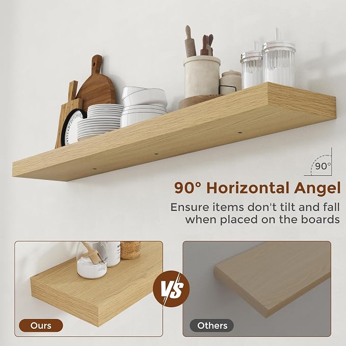 Heimlove 51 Inch Floating Shelves for Wall 8 Inch Deep Oak Shelves Set of 2,Wall Mounted Rustic Wood Long Floating Shelf，Large Display & Storage Shelf with Invisible Brackets