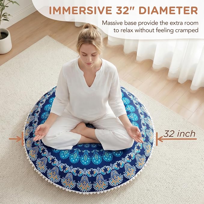 Codi Meditation Floor Pillow, Round Large Pillows Seating for Adults and Teens, Bohemian Mandala Circle Cushion for Outdoor Fireplace Yoga Living Room, 32 Inch, Memory Foam Added, Navy