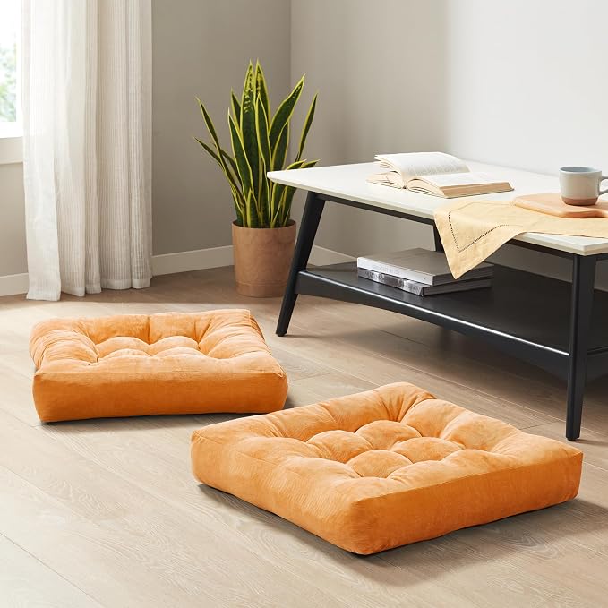 Degrees of Comfort Floor Cushion 6 Pack for Meditation, Office & Lounge – Corduroy Soft Seating Set, 22 Inch, High-Density Foam, Square Shape, Yellow