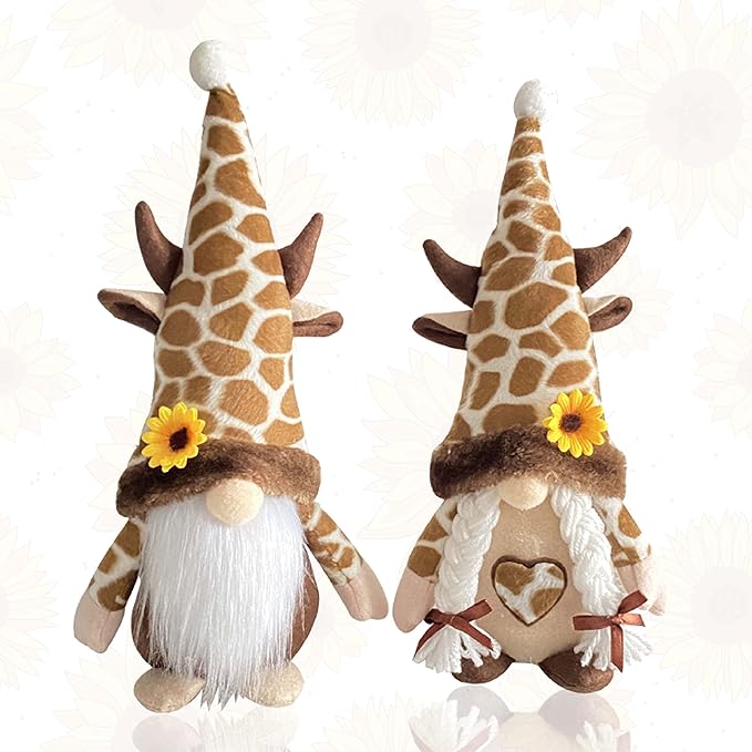 2PCS Giraffe Gnomes Plush Decorations, Farmhouse Gnomes Decorations for Home, Scandinavia Gnome Tiered Tray Sunflower Decor for Kitchen Decor, Gnome Gifts for Women, Swedish Nisse Tomte Home Oranment