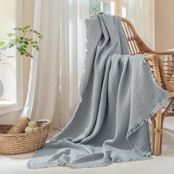Muslin Fringe Blankets for Adults: 100% Cotton Cloud Soft | 4-Layer Gauze Breathable Lightweight All Season Throw Blanket for Bed Couch Sofa Office