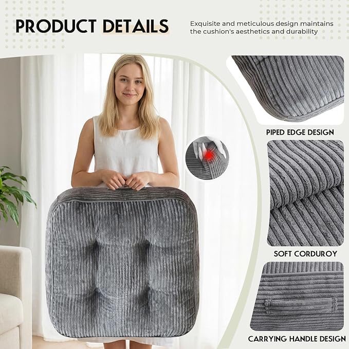 11" Thick Washable Floor Pillow for Adults, Yoga & Meditation Cushion with Handle, Square Large Pillows Seating with Removable Tufted Corduroy Cover for Tatami Living Room Board Games, Light Gray New