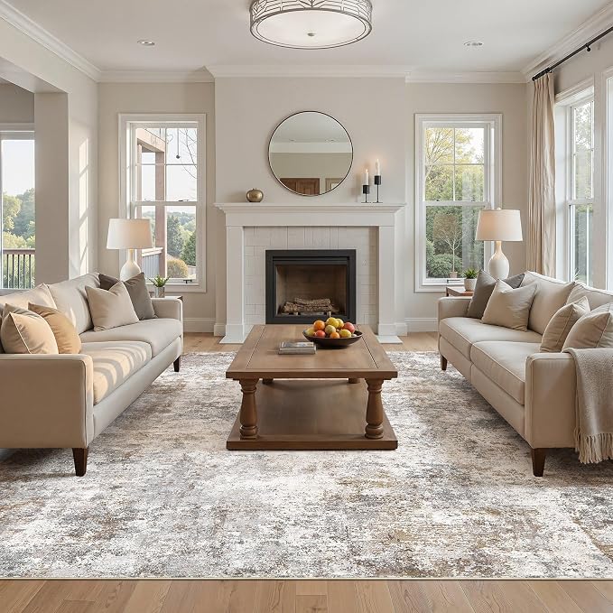UERMEI Square Area Rugs : Washable 12x12 Neutral Modern Abstract Carpet for Living Room Bedroom - Soft Floor Mat with Non Slip Backing for Kitchen Nursery Dorms Farmhouse Home Decor - Brown Grey