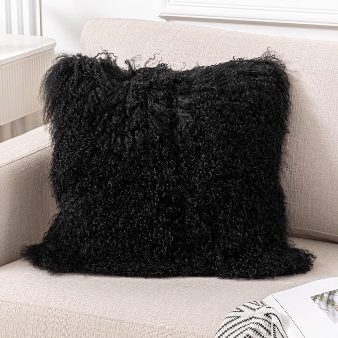 Black Mongolian Lamb Fur Pillow Cover Luxurious Sheep Skin Cushion Cover Soft Plush Fur Pillow Case Home Decorative Square Throw Pillow cover Plain Wool Pillow Protector 16 X 16 Inch Bedroom