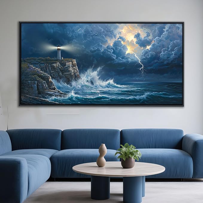 YDYSUNE Large Wall Art- Coastal Canvas Wall Decor Painting Navy Blue Picture ocean decor Lighthouse Artwork for Dining Room,Living Room,Bedroom Decoration Size 29x58 Inches