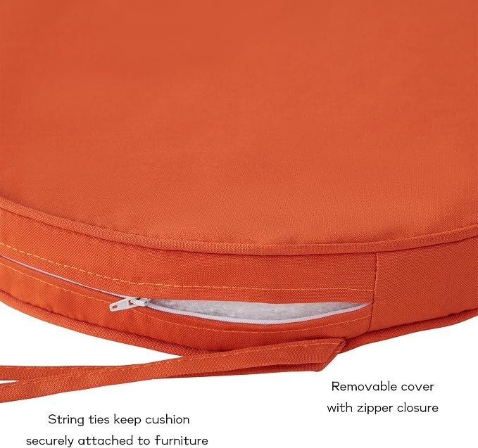 Set of 2 Outdoor 18 inch Round Patio Dining Chair Pads – Comfortable Fiber-Filled Seat Cushions with Ties, Reversible Polyester Fabric, Rust